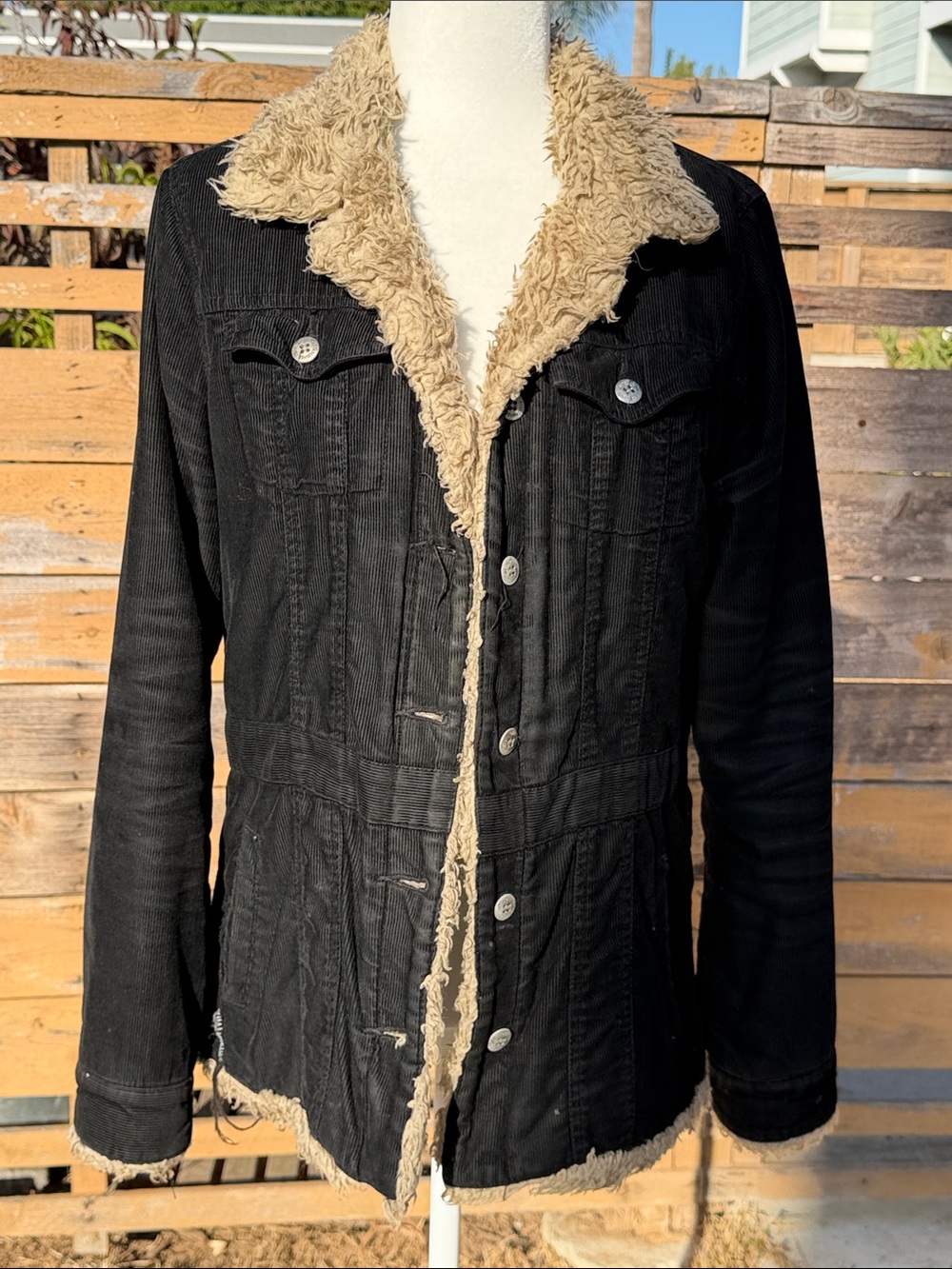 Vintage Black Women's Sherpa-Lined Corduroy Jacket with Cream Trim